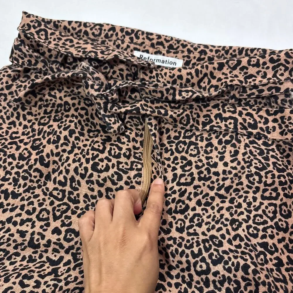 Reformation Womens 0 Jackie Leopard Linen Cropped Belted Wide Leg Pants Beachy